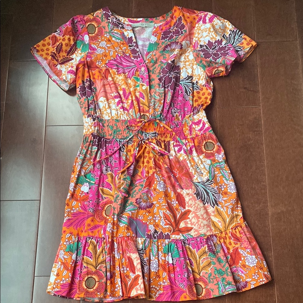 LOFT Women's Casual Floral Dress in Orange and Pink